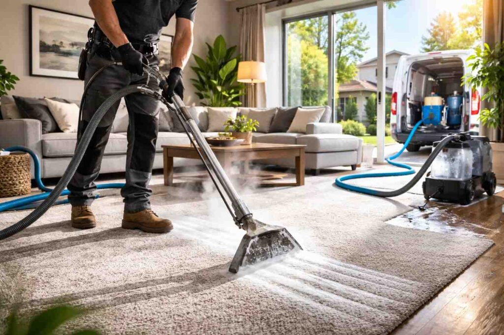 Technician cleaning carpet with steam cleaning machine in a residential home.