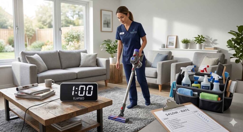 Cleaner working in a living room with tools and a clock showing one hour representing hourly cleaning cost