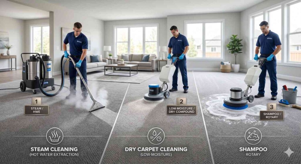 Comparison of carpet cleaning methods including steam cleaning, dry cleaning and shampoo cleaning in a living room