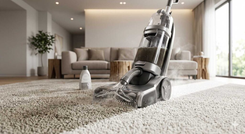 Top-rated home carpet cleaner machine removing dirt with visible clean path and dirty water extraction