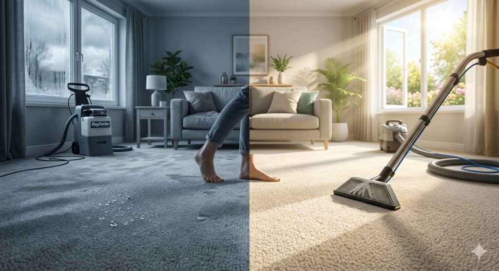 Split image showing carpet cleaning in winter with poor drying and summer with bright sunlight and fast drying conditions