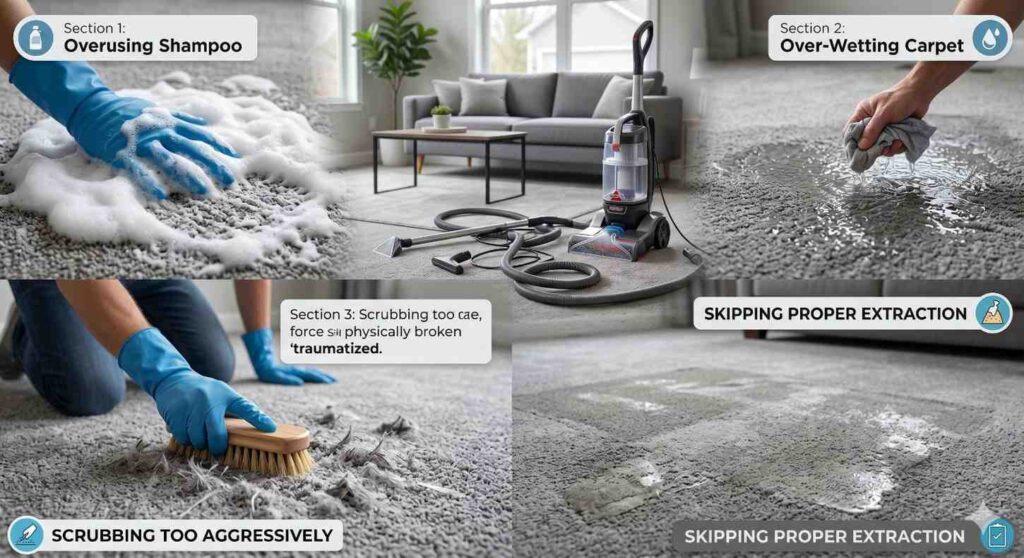 Examples of carpet shampooing mistakes including too much foam, over-wetting, aggressive scrubbing and poor extraction