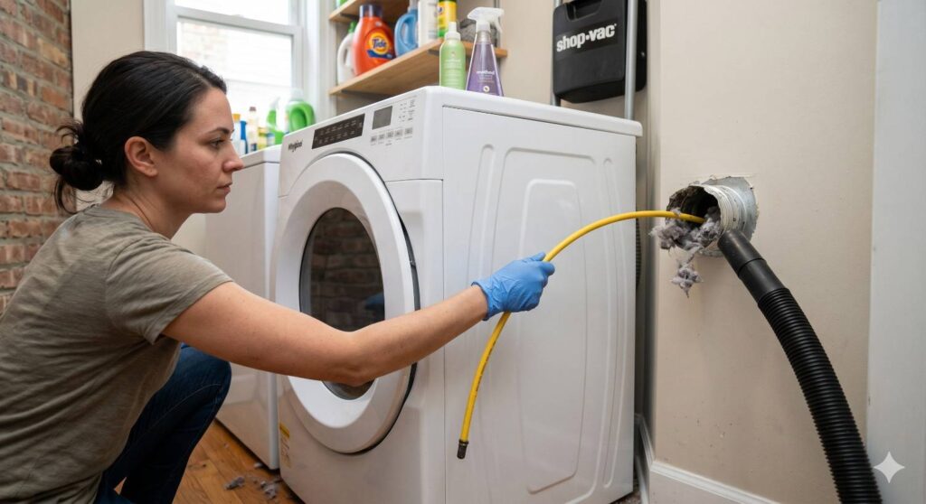 Person cleaning dryer vent from behind without removing the dryer using a flexible brush tool