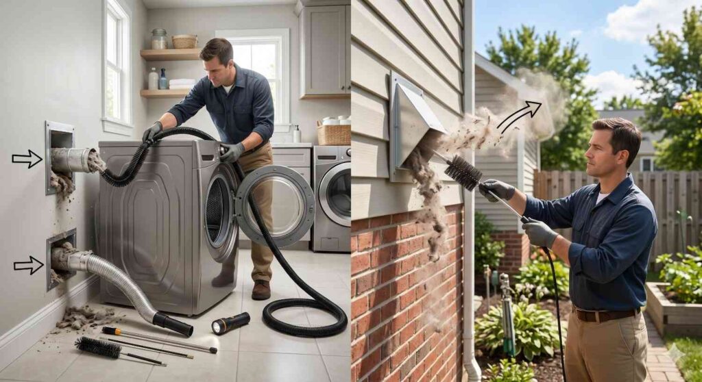 Split image showing dryer vent cleaning from inside behind dryer and outside through exterior vent
