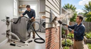 Split image showing dryer vent cleaning from inside behind dryer and outside through exterior vent