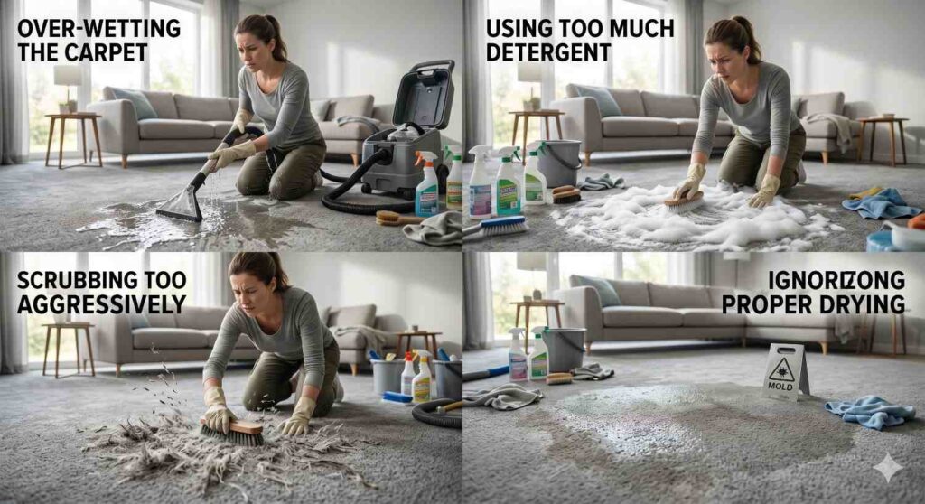 Examples of carpet cleaning mistakes including over-wetting, excess detergent, aggressive scrubbing and improper drying