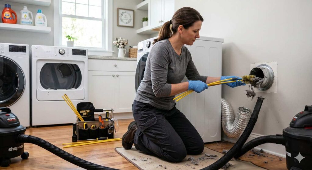 Homeowner cleaning dryer vent with brush kit and removing lint from duct in a modern laundry room