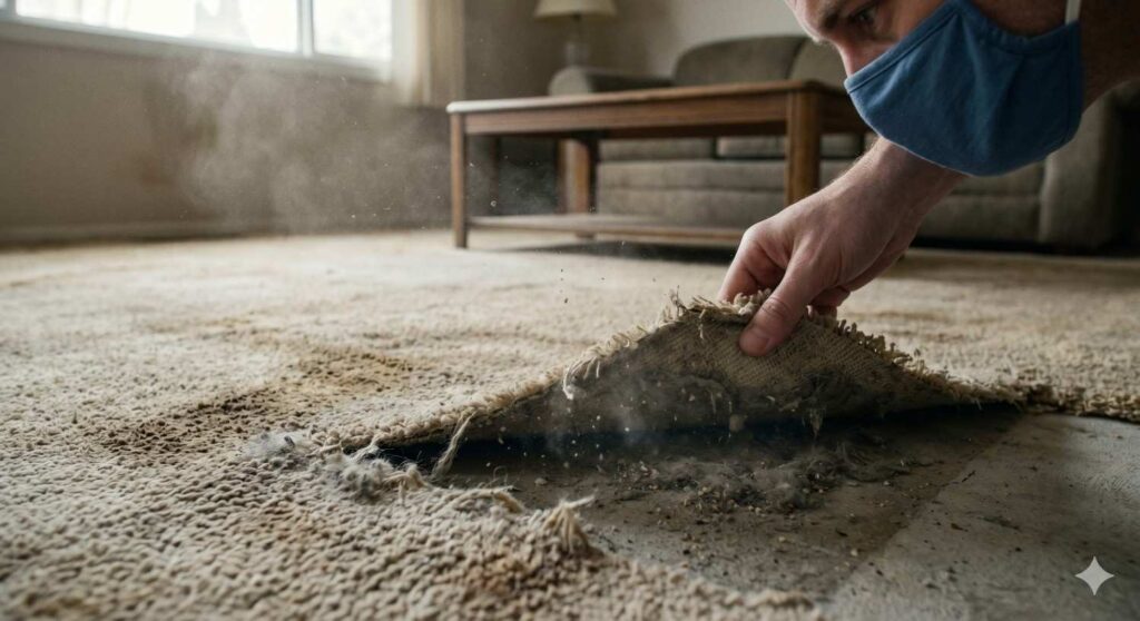 Worn 20-year-old carpet with dust, stains and airborne particles showing potential health risks