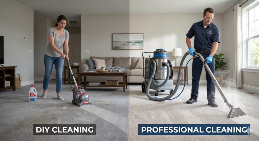 Split image comparing DIY carpet cleaning with a small machine and professional carpet cleaning with commercial equipment
