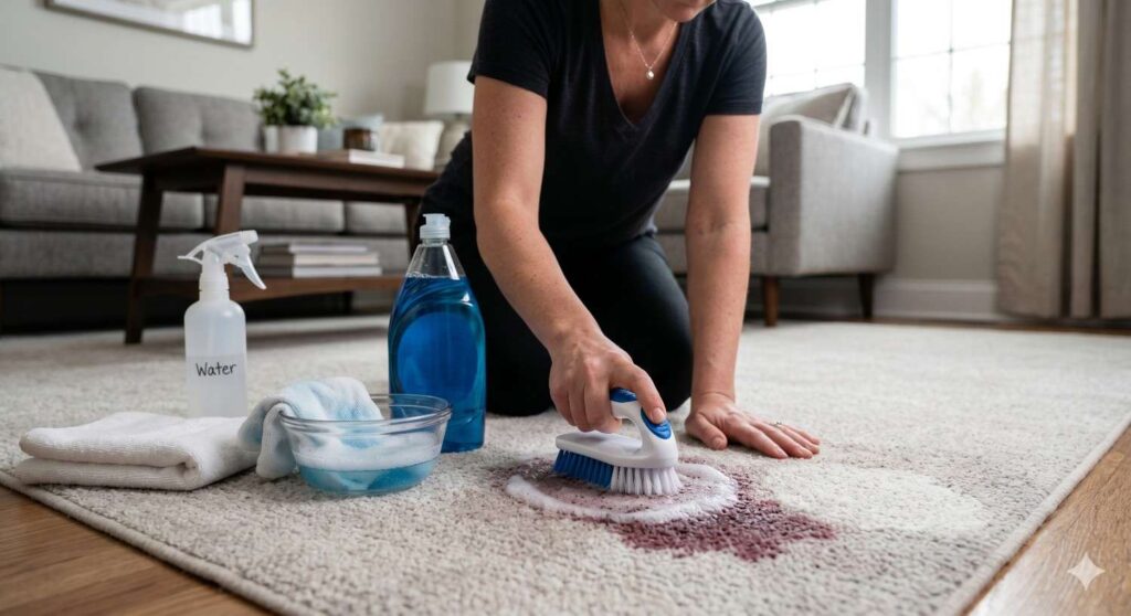 Person cleaning carpet stain with dish soap solution and cloth in a modern living room