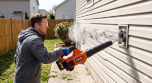 Person using a leaf blower to clean dryer vent from outside with lint blowing out of vent opening
