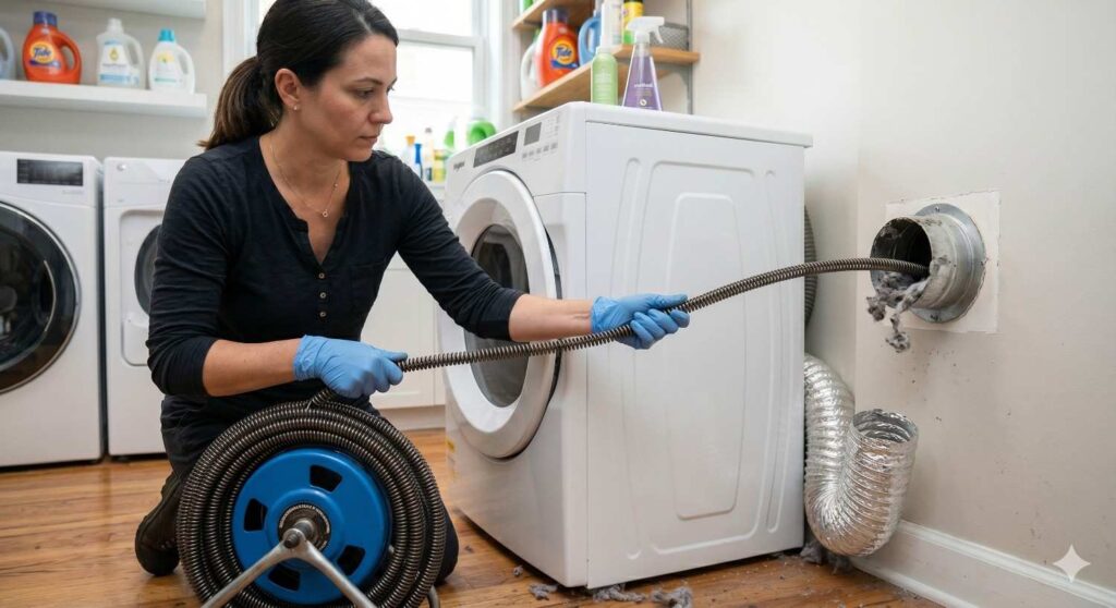 Person inserting plumbing snake into dryer vent duct to remove lint in a laundry room