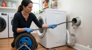 Person inserting plumbing snake into dryer vent duct to remove lint in a laundry room