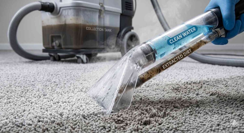 Steam cleaning carpet with dirty water being extracted through hose into tank during cleaning process