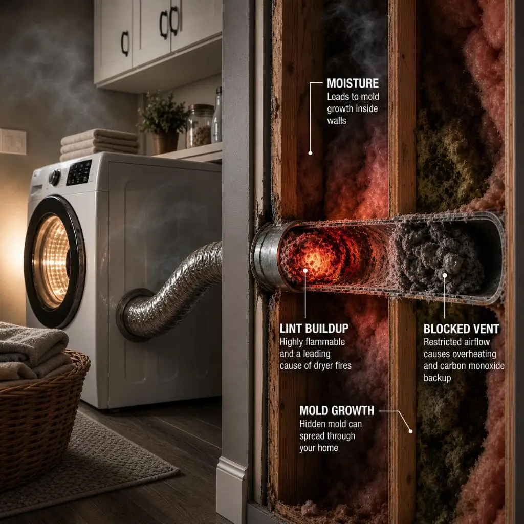 Cross-section diagram of a laundry room wall showing an overheating dryer, glowing hot lint buildup, a blocked vent, moisture, and mold growth, demonstrating the need for a dryer vent inspection Raleigh NC.