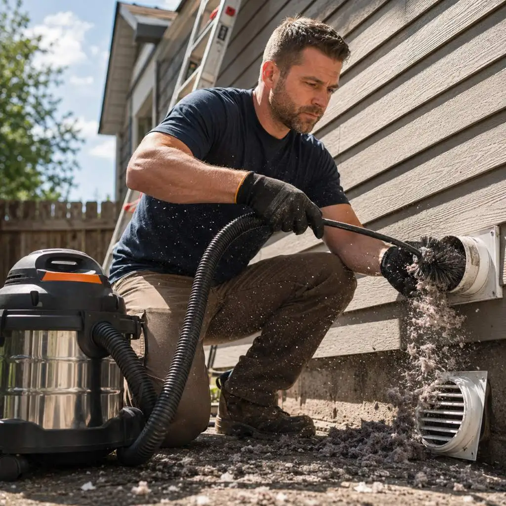 Technician cleaning dryer vent from outside using a rotary brush and vacuum to remove lint buildup from exterior vent duct