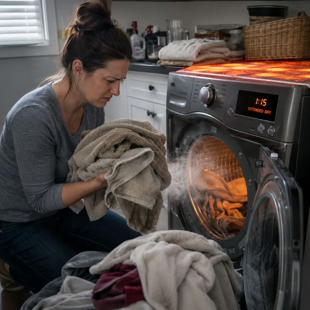 Frustrated homeowner holding damp towels because the dryer takes too long to dry due to restricted airflow and vent blockage