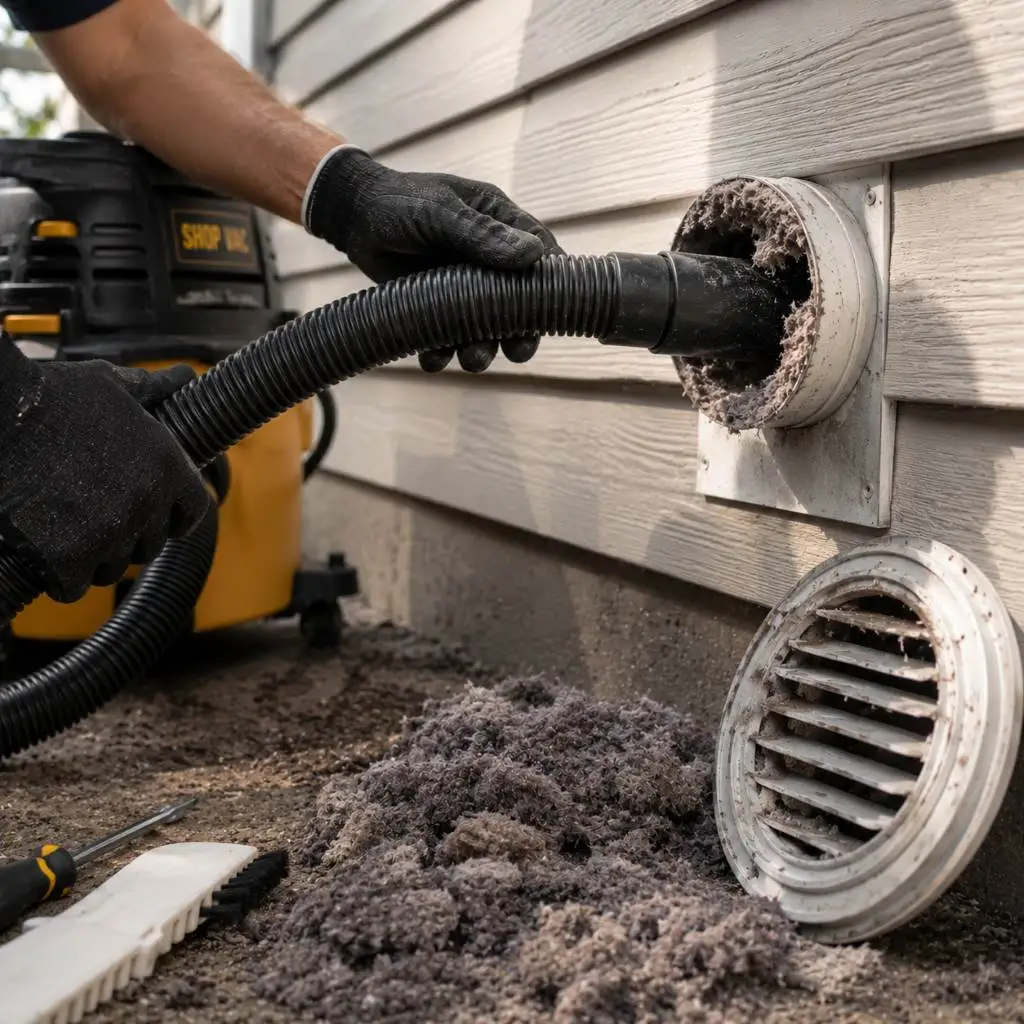 Close-up of cleaning dryer vent from outside with a vacuum hose removing heavy lint buildup from an exterior dryer duct