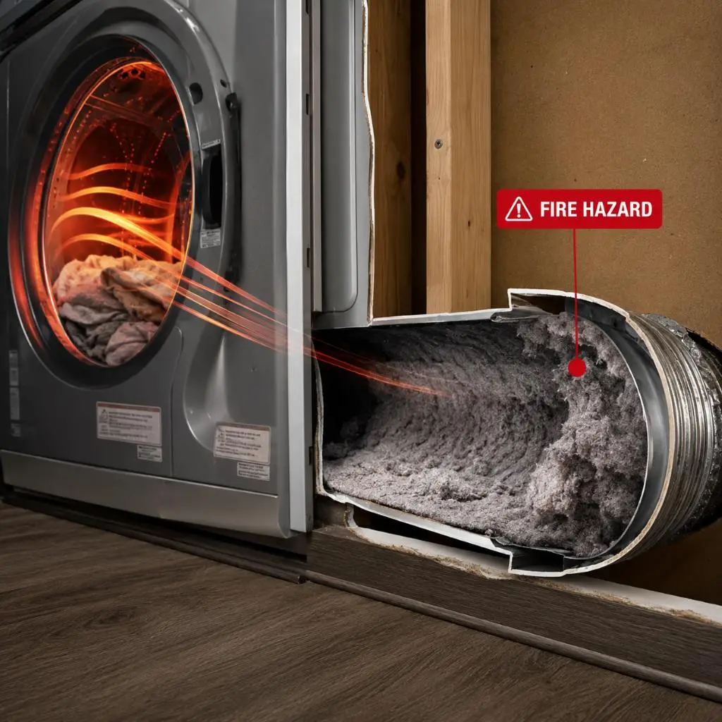 Clogged dryer vent filled with lint causing overheating and making the dryer take too long to dry clothes