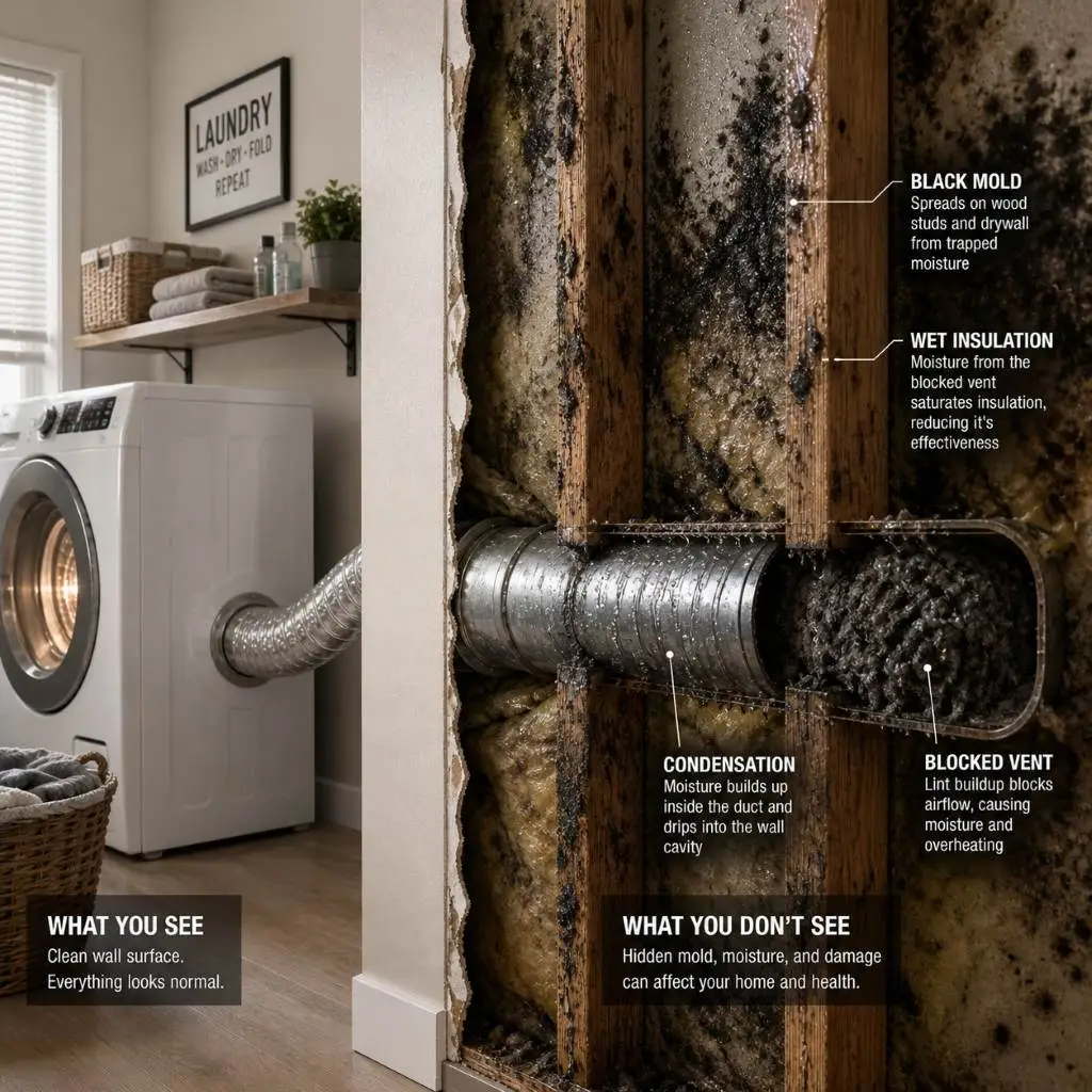 Split-screen diagram comparing a clean laundry room to a wall cross-section revealing hidden black mold, wet insulation, and a blocked duct, emphasizing the need for a dryer vent inspection Raleigh NC.