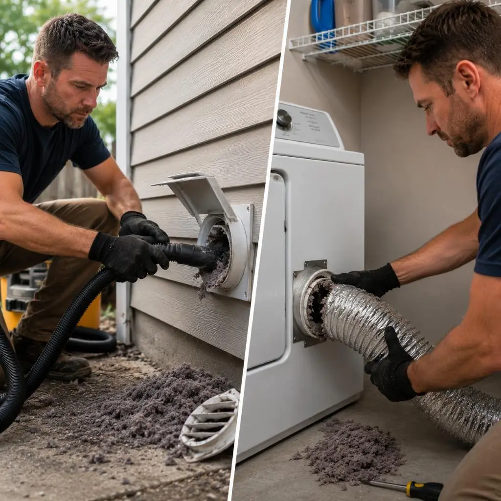 Technician cleaning dryer vent from outside and inside by removing lint buildup from exterior vent and dryer hose connection