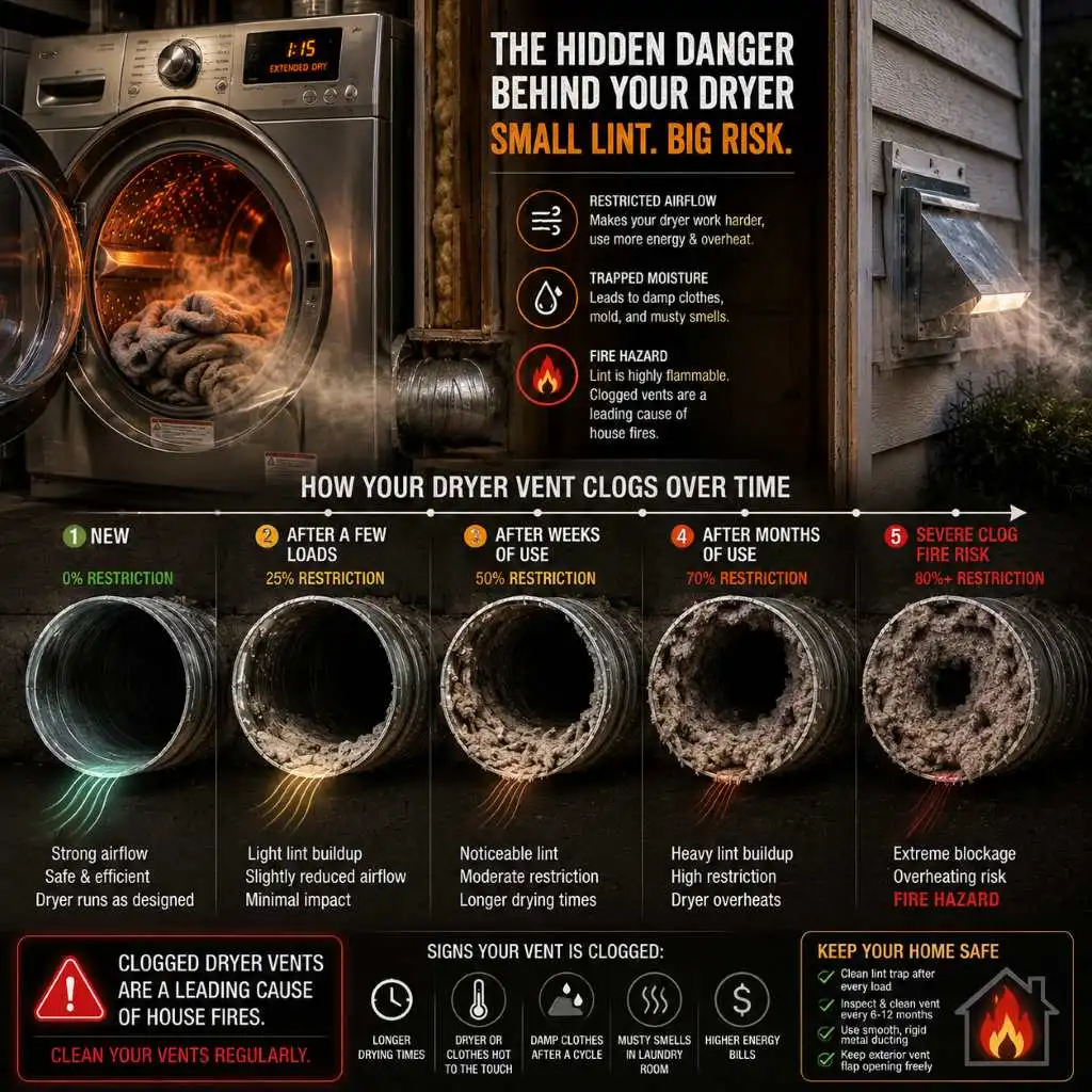Infographic showing how clogged dryer vents cause restricted airflow and why a dryer takes too long to dry clothes over time