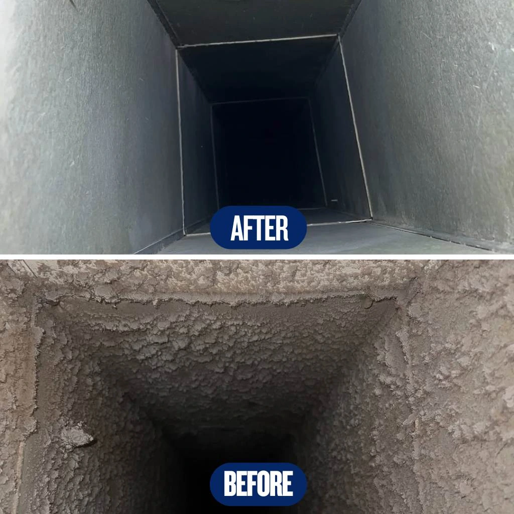 Before and after Air Duct Cleaning in Raleigh NC showing heavy dust buildup removed from HVAC ductwork