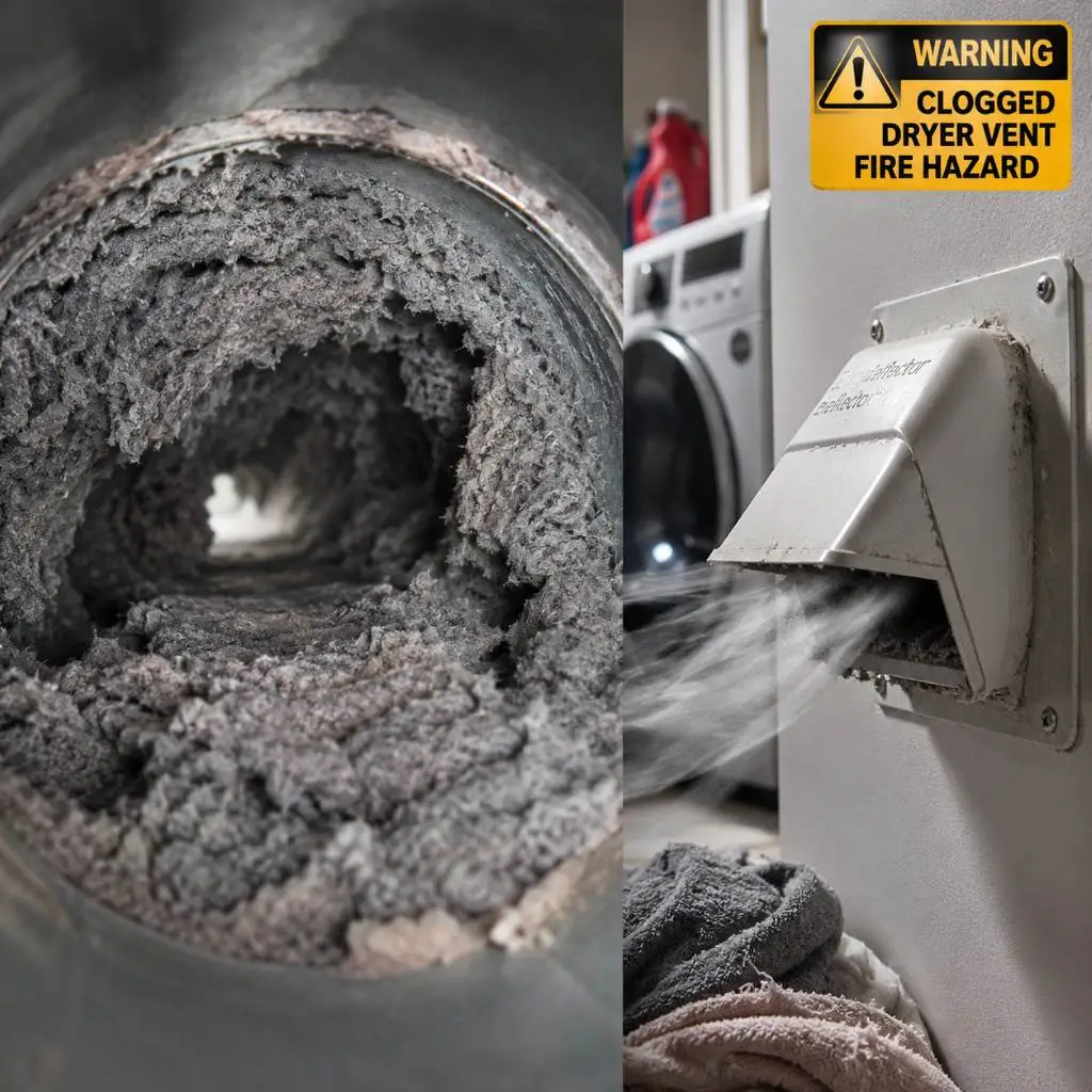 Severely clogged dryer vent filled with lint buildup causing restricted airflow and increased fire hazard inside the dryer exhaust system