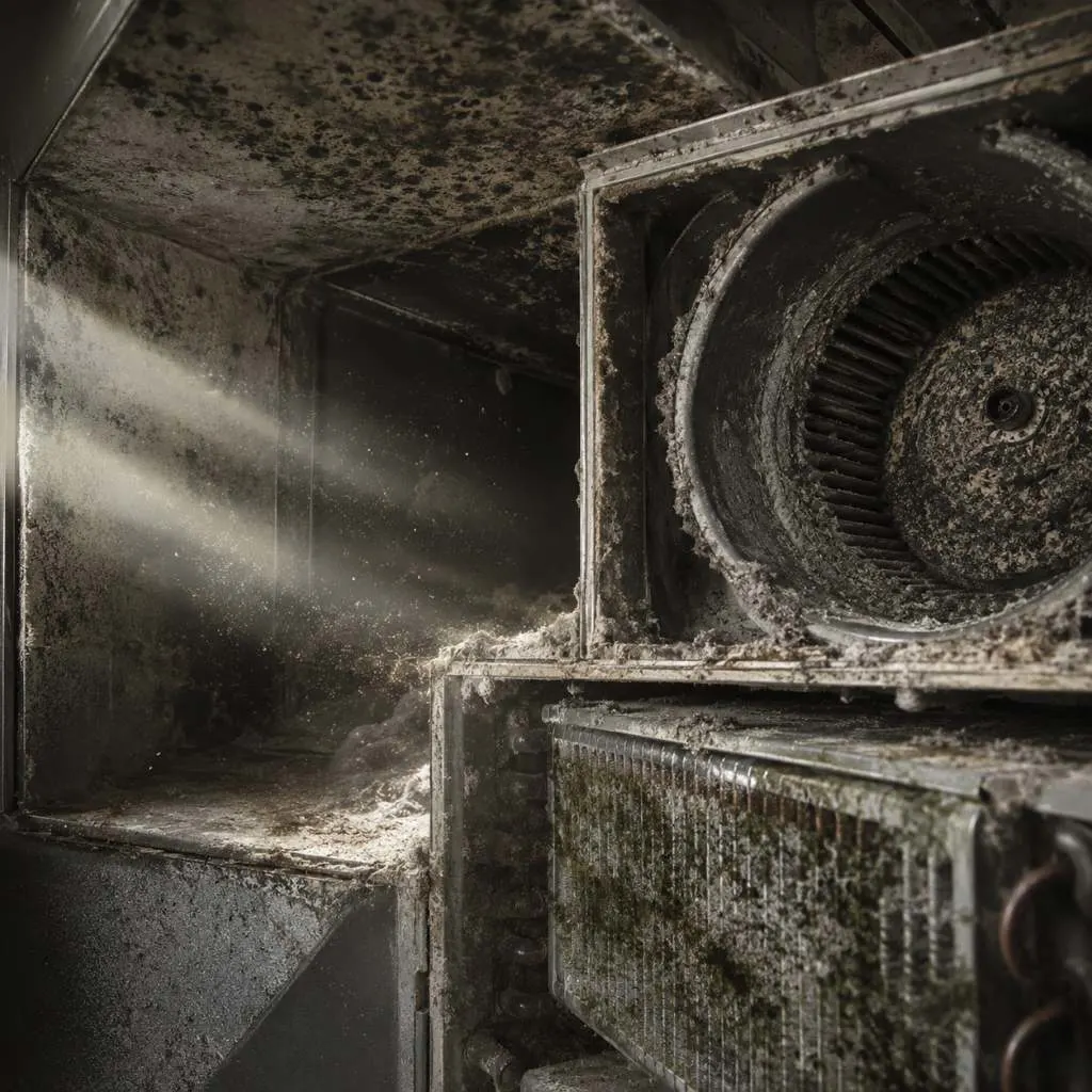 Dirty HVAC blower fan and air duct system filled with dust buildup reducing indoor air quality and airflow efficiency