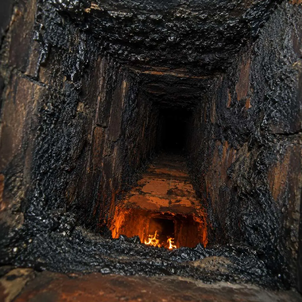 Creosote buildup inside a chimney flue creating a dangerous chimney fire hazard due to restricted airflow and heavy soot accumulation