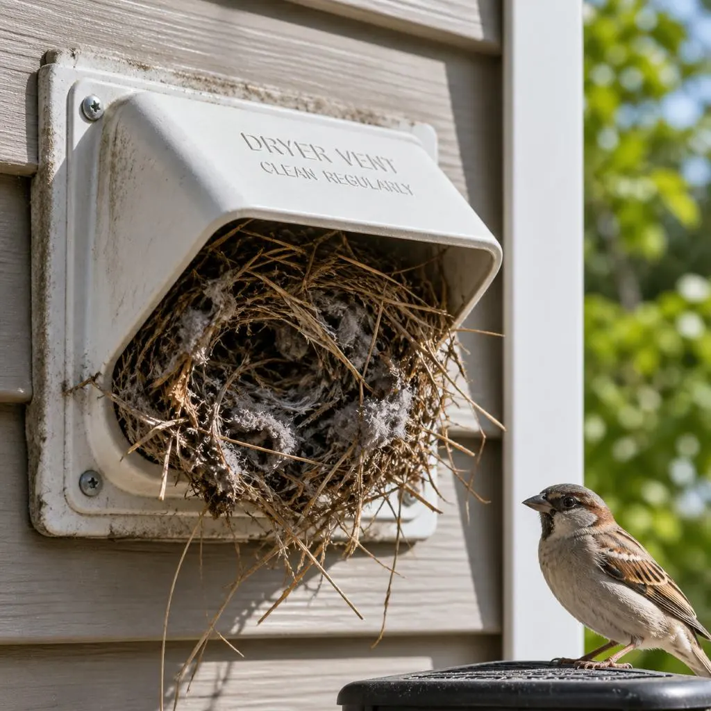Exterior white dryer vent on tan siding completely blocked by a bird's nest made of twigs, demonstrating why you need a dryer vent inspection Raleigh NC.