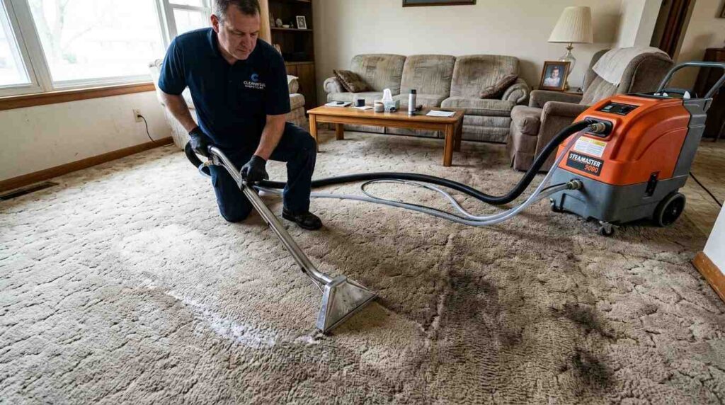 Professional cleaner deep cleaning worn twenty year old carpet with visible improvement in living room