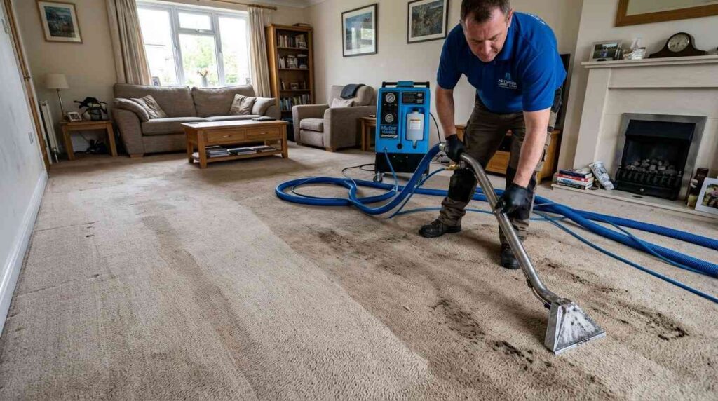 Professional cleaning machine restoring older ten year old carpet with visible improvement in living room