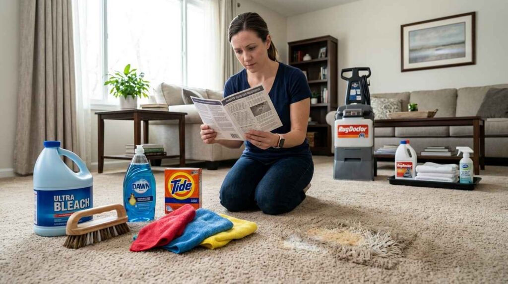 Household cleaning products like bleach and harsh brushes near carpet showing common carpet cleaning mistakes