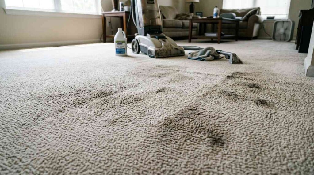 Freshly shampooed carpet showing reappearing dirt stains and uneven discoloration after cleaning