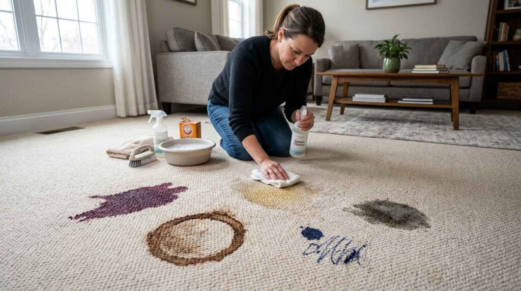 Light carpet with difficult stains including wine coffee pet urine ink and grease during cleaning process