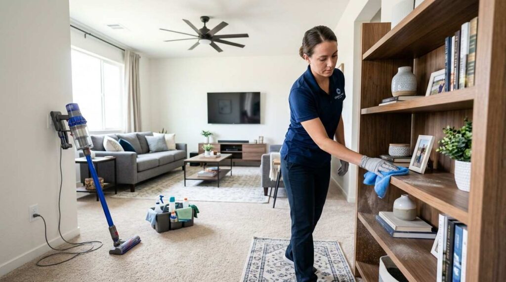 Professional cleaner dusting furniture before vacuuming floors in modern living room