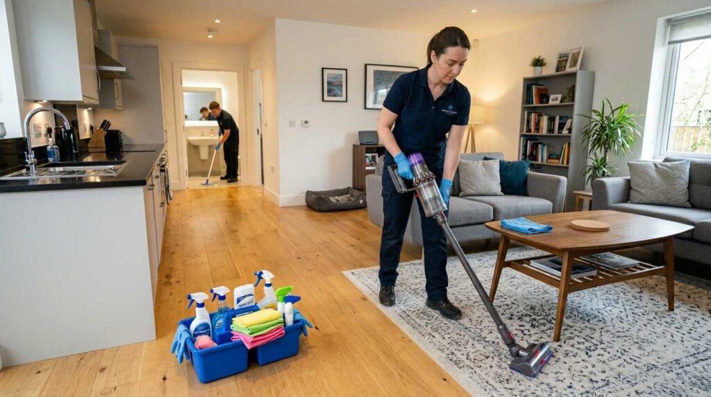 Professional cleaner vacuuming and wiping surfaces during standard two hour home cleaning service