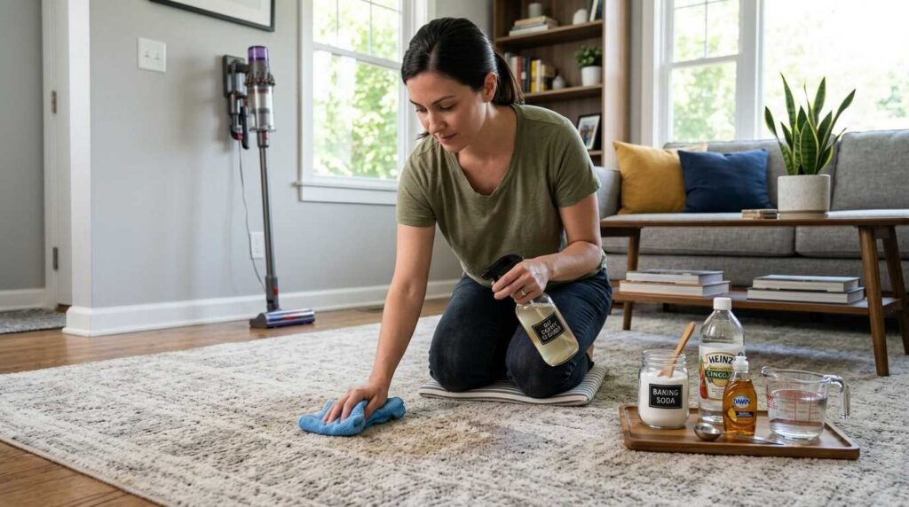 Homemade carpet cleaner with vinegar baking soda and dish soap being used on carpet stain in living room