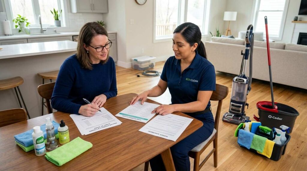 Homeowner reviewing cleaning checklist and pricing with professional house cleaner in modern home