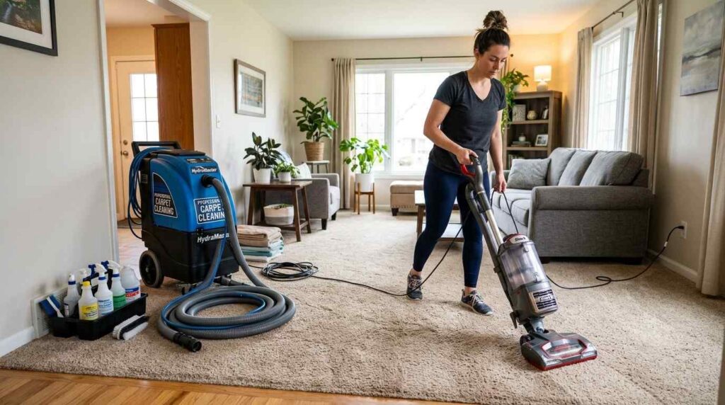 Homeowner vacuuming carpet before professional carpet cleaners arrive in living room