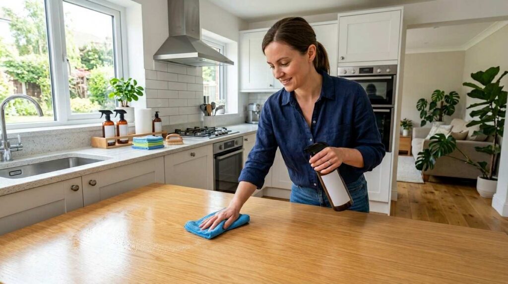 What is the best all-purpose cleaner? 2 Person using all purpose cleaner on kitchen counters and household surfaces in modern clean home