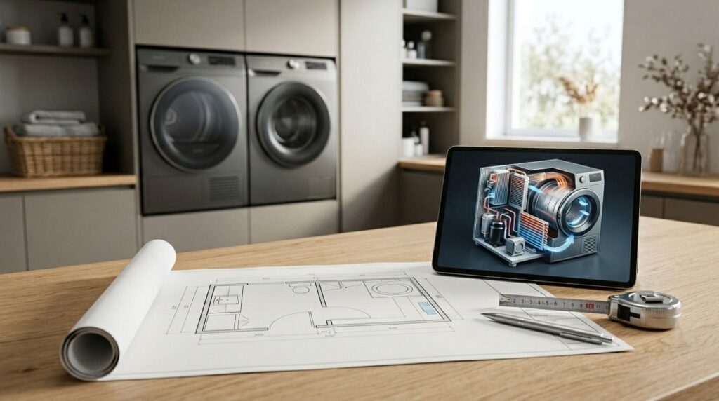 Laundry room design plans with a tablet showing heat pump dryer technology beside modern washer and dryer units.