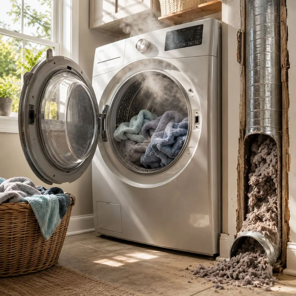 Clogged dryer vent filled with lint causing poor airflow and dryer not drying in Raleigh NC homes