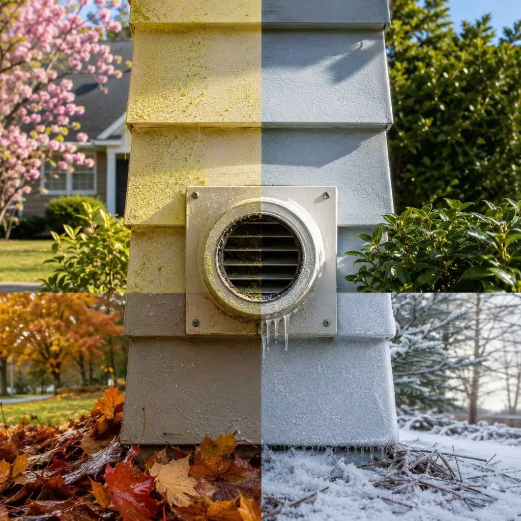 Seasonal comparison of an exterior dryer vent showing why the best time for dryer vent cleaning in Raleigh NC depends on weather and debris buildup