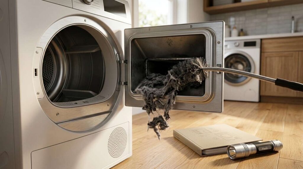 Dryer vent cleaning brush removing lint buildup from an open dryer vent compartment.