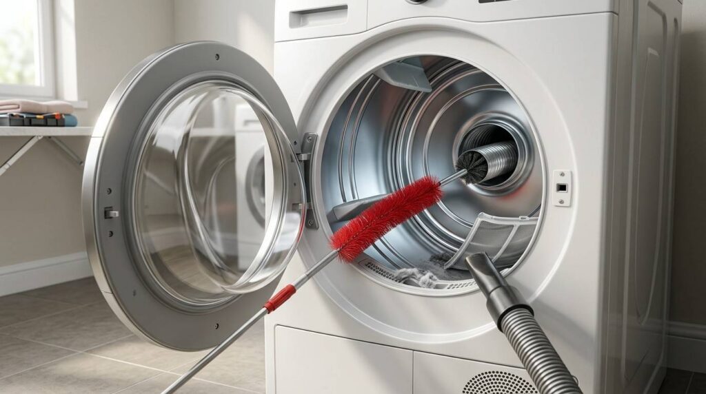 Dryer vent cleaning brush and vacuum attachment removing lint from an open dryer.