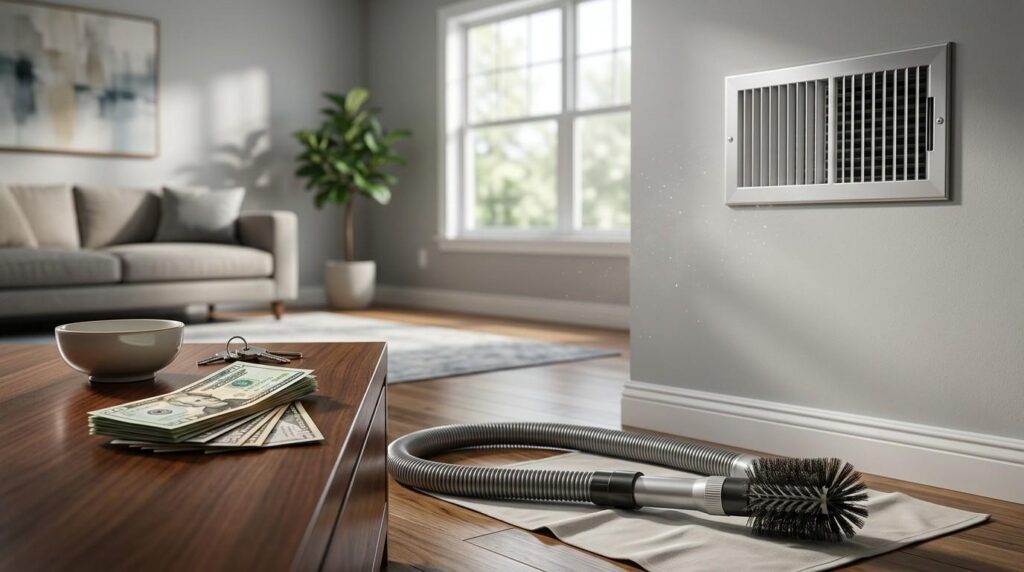 HVAC vent cleaning brush and vacuum hose beside cash on a living room floor.