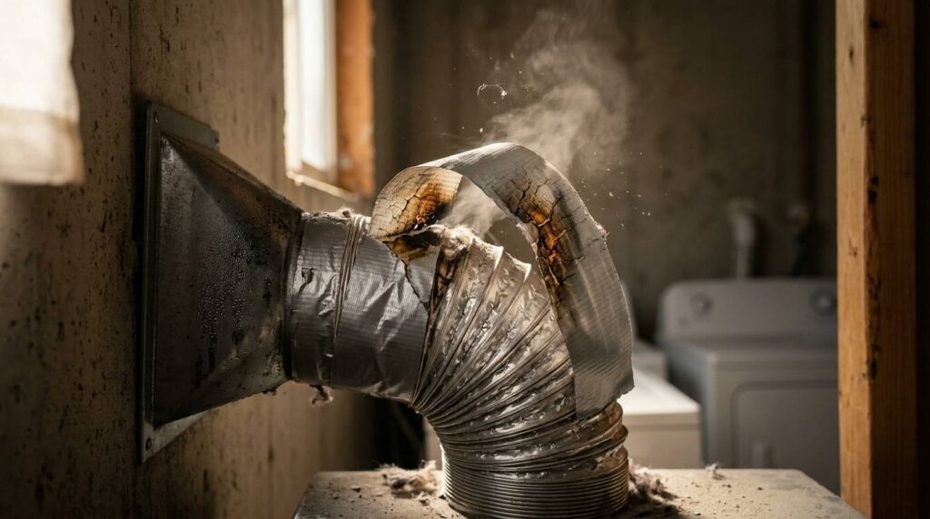 Damaged dryer vent duct with taped connection, heat damage, and visible lint buildup.