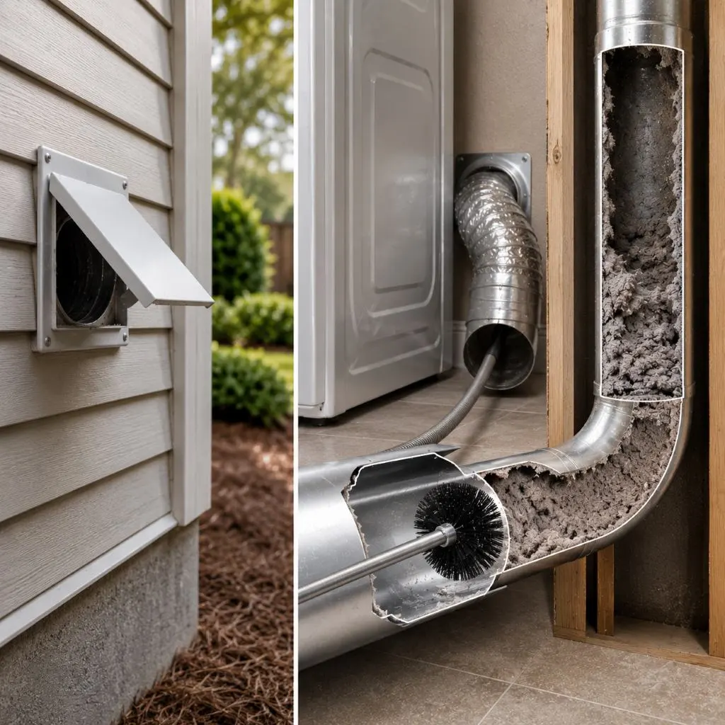 DIY dryer vent cleaning in Raleigh NC showing a brush cleaning only the accessible section while lint remains deep inside the vent duct